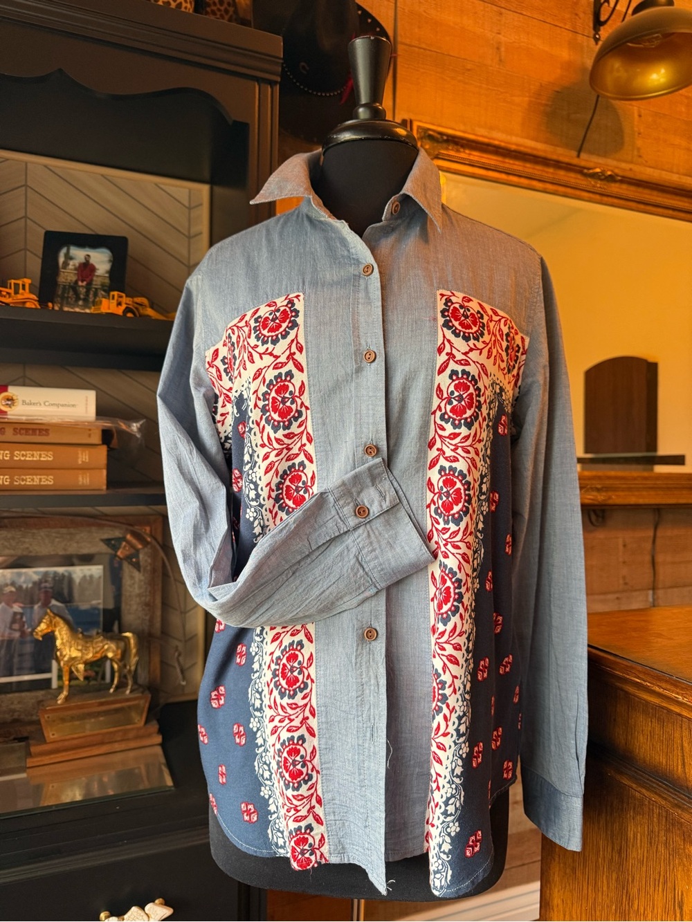 Stetson Blue Shirt with Red and White Floral Panels